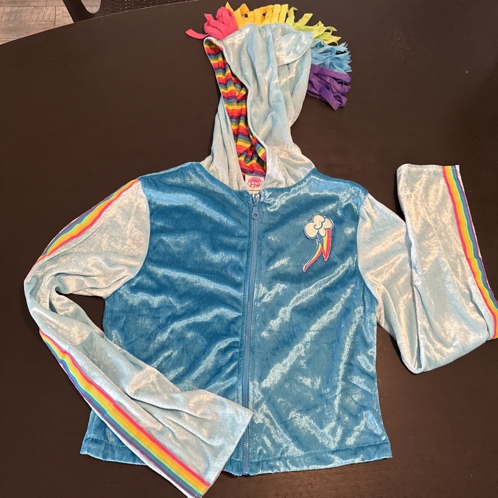 Rainbow Dash Velvet Zip Up Jacket w Ears & Mane My Little Pony 2014 Kids M *Read